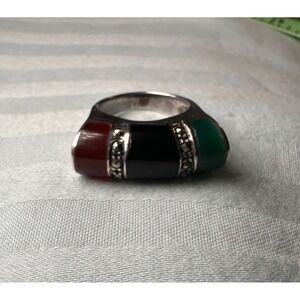 Sterling Silver 3 Stone Marcasite Ring Onyx Green Agate Carnelian